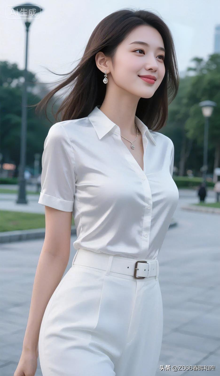 微风轻拂秀发，白色套装映衬都市绿意，自信步履间，优雅从容生光。