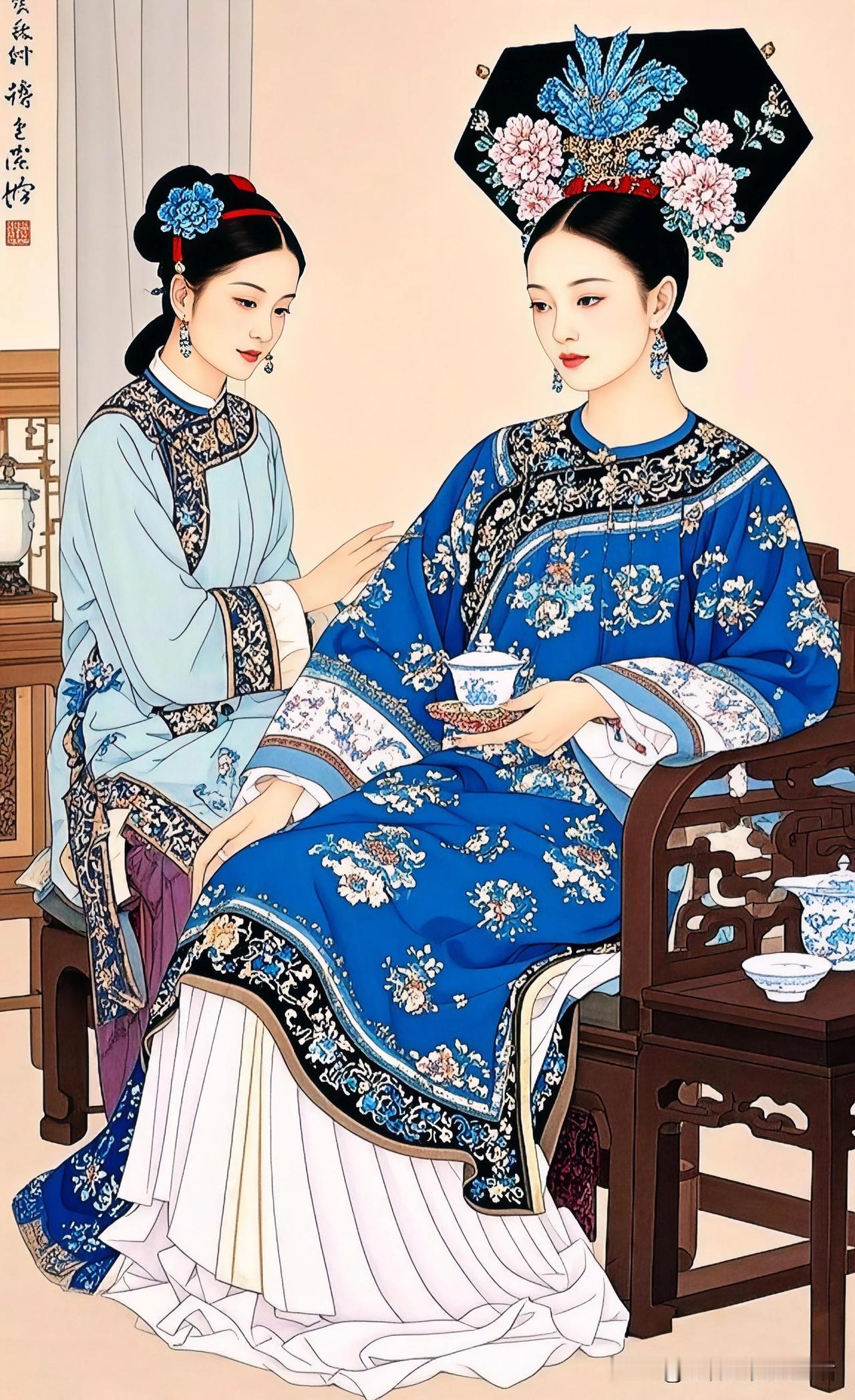 青瓷茶盏映红颜，古韵犹存画中仙。