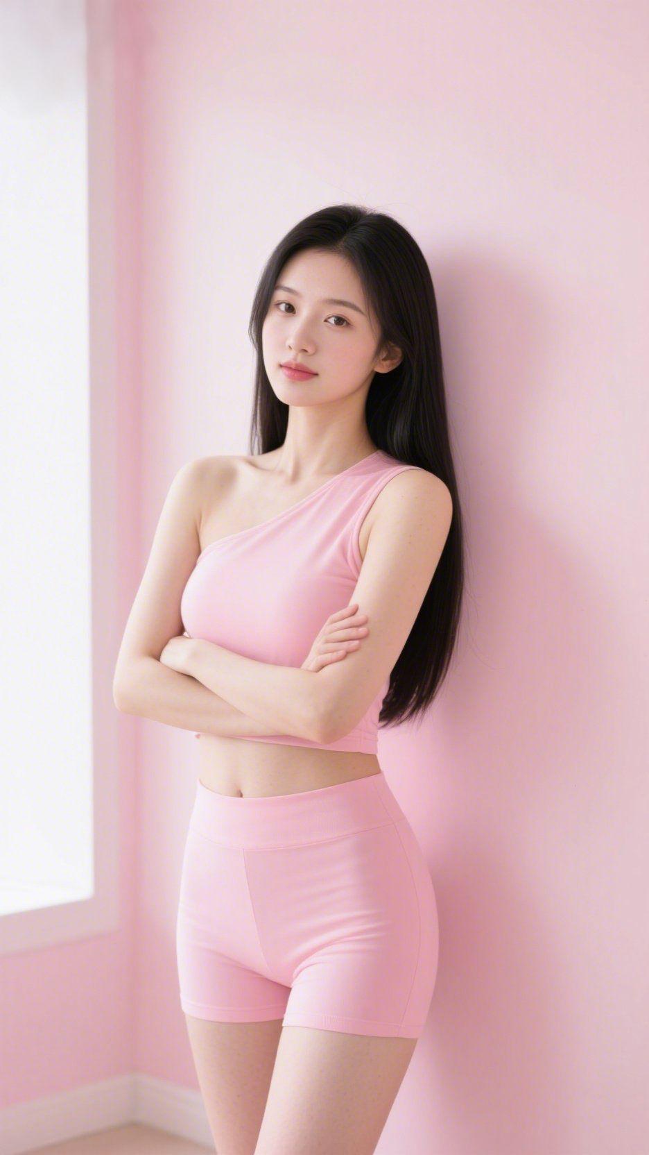 粉韵自悠然
 
柔粉衣衫融进浅粉的墙，像揉碎的蜜桃软糖，裹着一份不慌不忙的悠然。