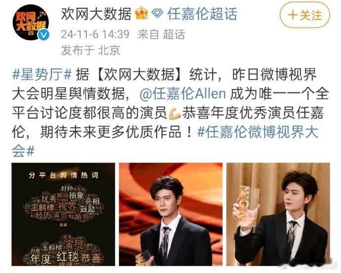 微博视界大会明星舆情数据，恭喜任嘉伦是唯一一个全平台讨论度都很高的演员！ ​​​