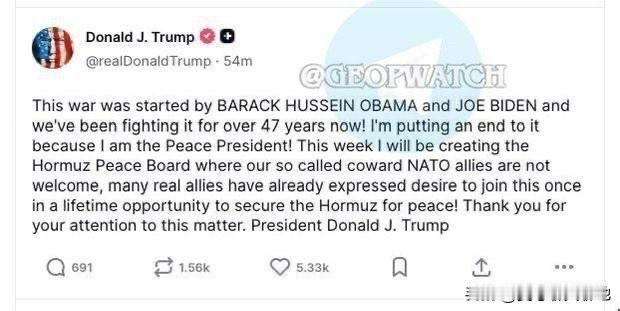 今天，特朗普在真相社交上表示，是奥巴马和拜登发起了这场伊朗战争，他将结束这场战争
