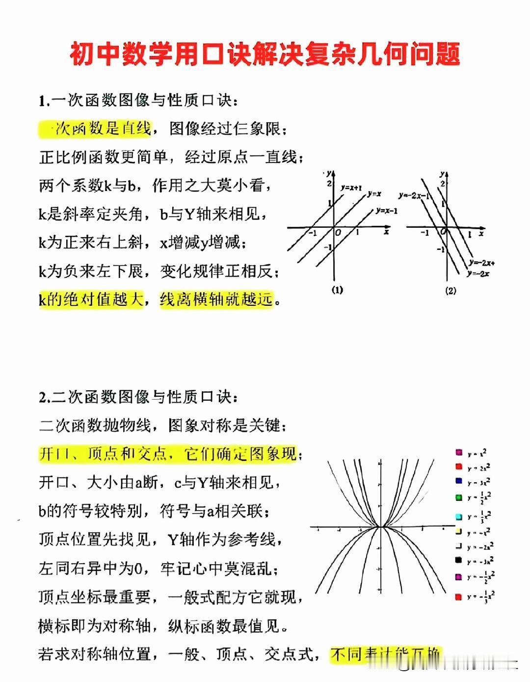 【初中数学用口诀解决复杂几何问题】
初中数学笔记，中考数学几何模型！