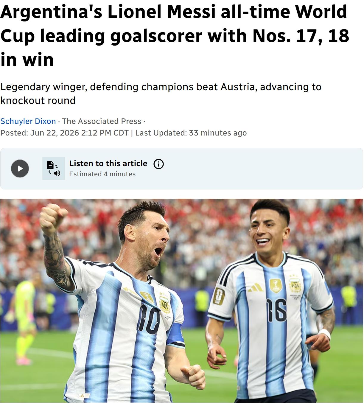 在2026年6月22日进行的美加墨世界杯J组第二轮小组赛中，卫冕冠军阿根廷以2-