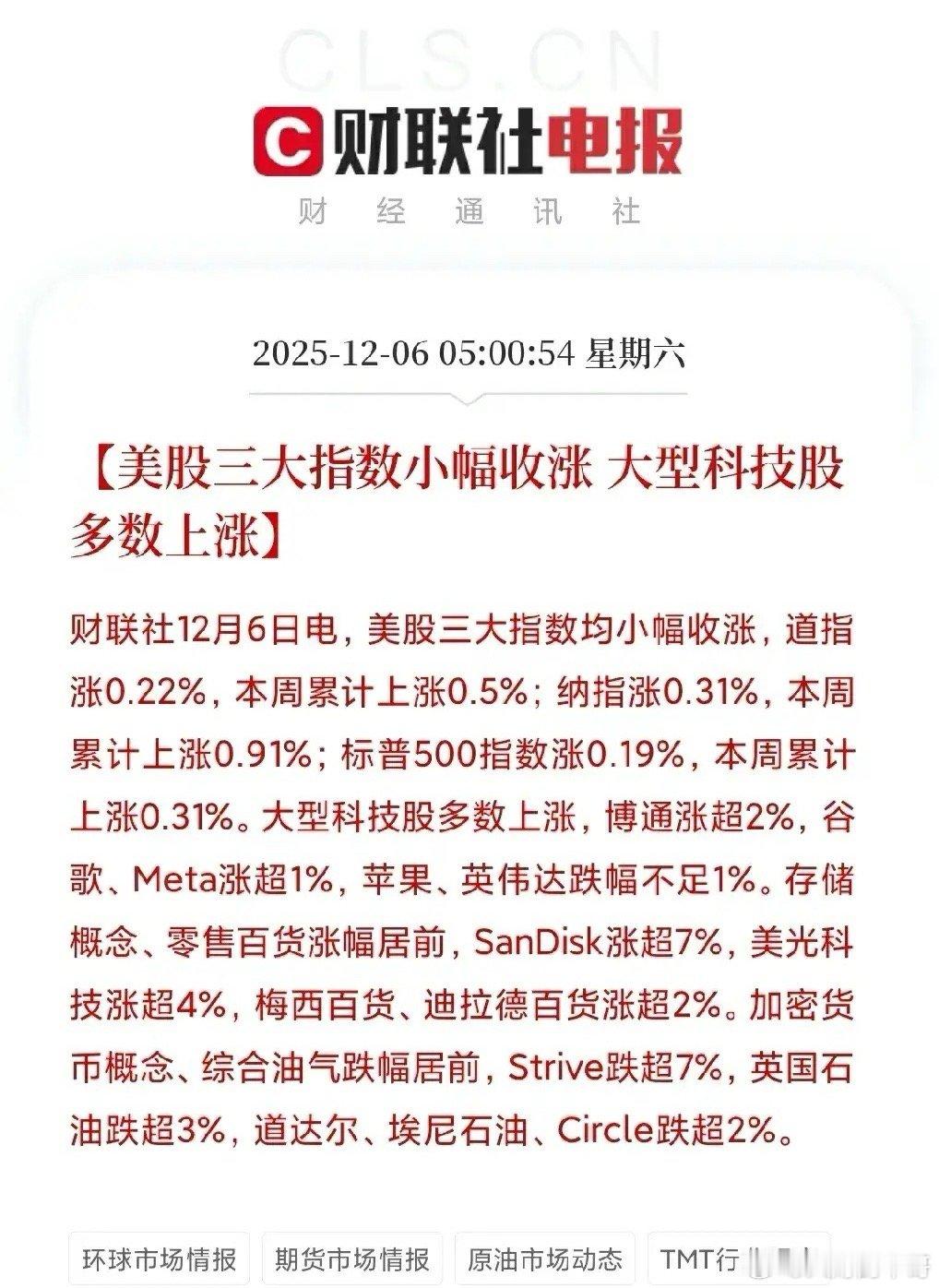 一觉醒来，美股三大指数全都小幅收涨，整个晚上的波动幅度比较小，在0.5%左右。市