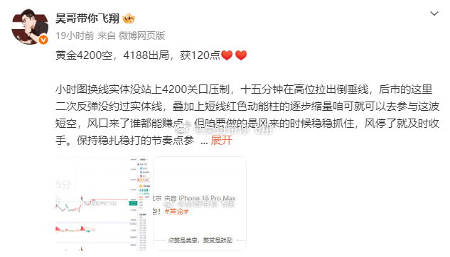 周一战绩公布黄金4186多，4200出局，获140点黄金4175多，4180出局