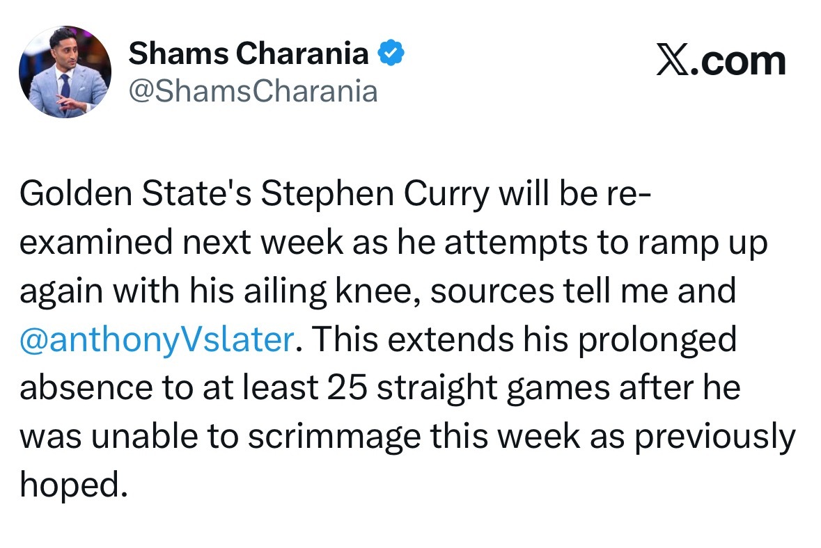 Shams：库里将于下周接受膝伤复查，以期逐步恢复训练。此前他曾希望参加本周的队