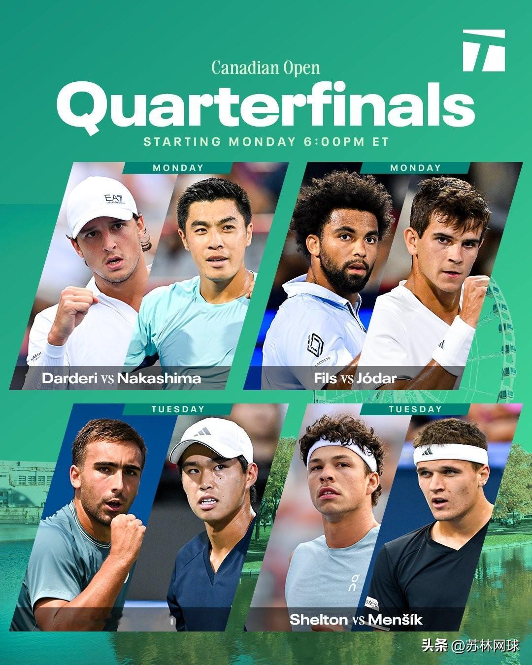 ATP1000蒙特利尔大师赛八强战
今天晚间至明天早间一日赛程
↓00：30，?