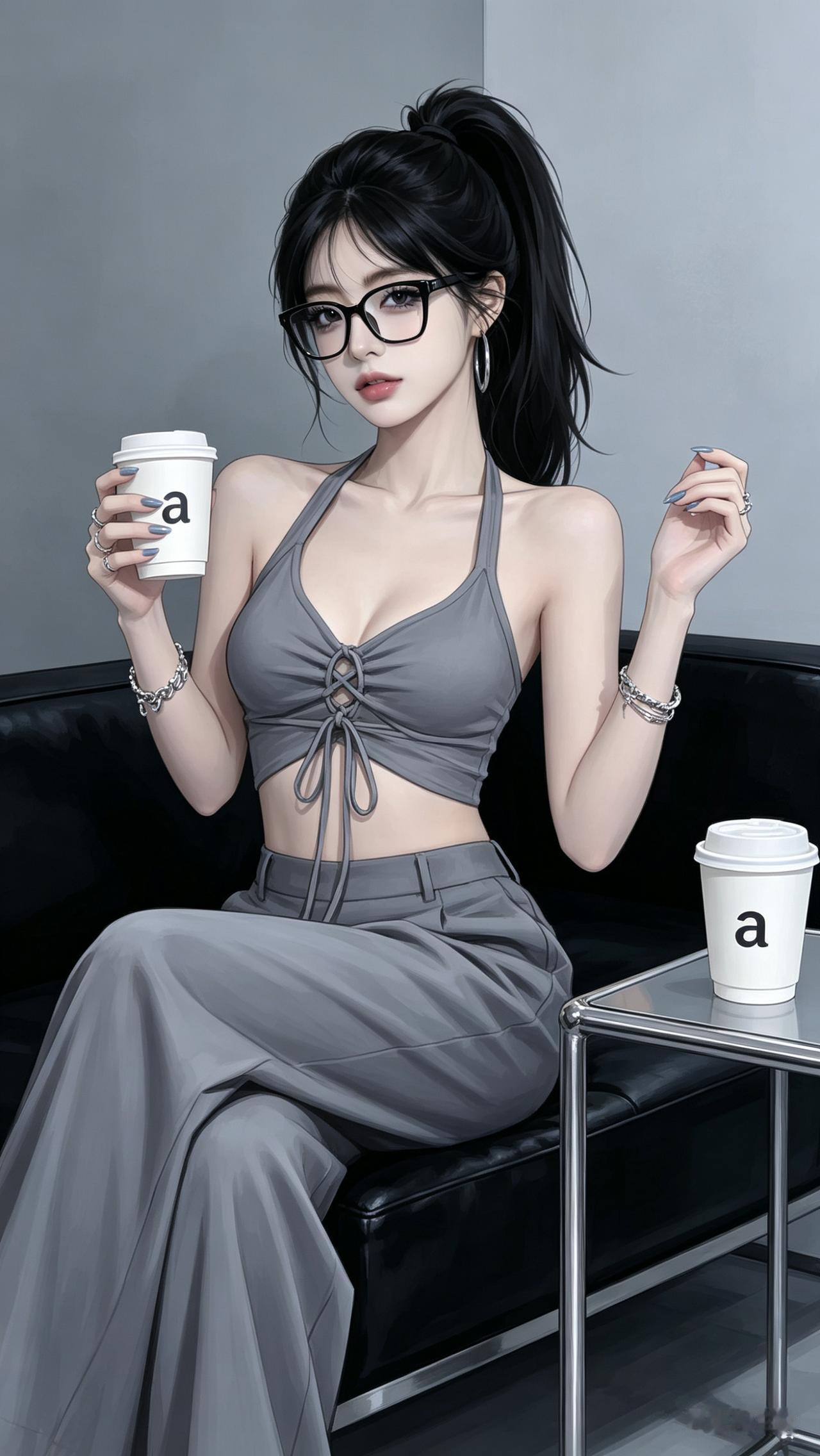 高马尾女生戴黑框眼镜，灰绑带挂脖露脐上衣配阔腿裤，银饰点缀，手持印a白纸杯。灰墙