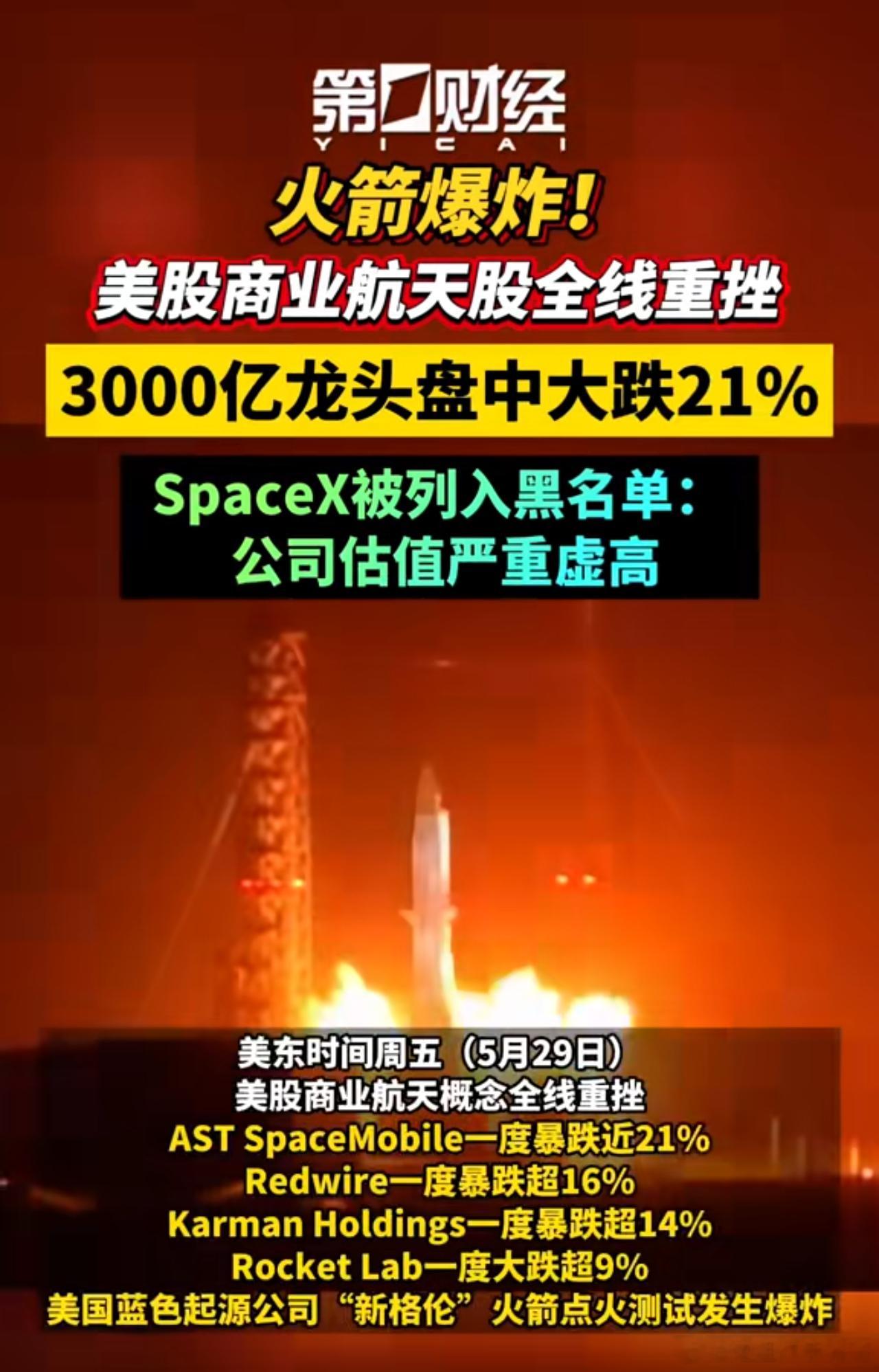 火箭炸了！美股航天股集体躺平，3000亿龙头狂跌21% 