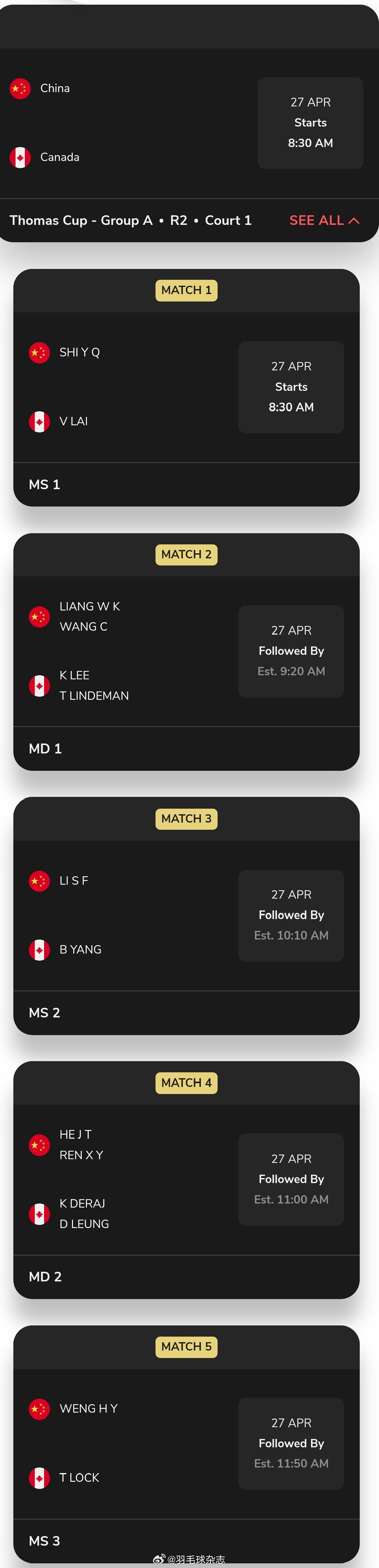 国羽汤杯小组第二战对加拿大队石宇奇出任一单再战赖浩俊，梁伟铿/王昶继续担纲一双，