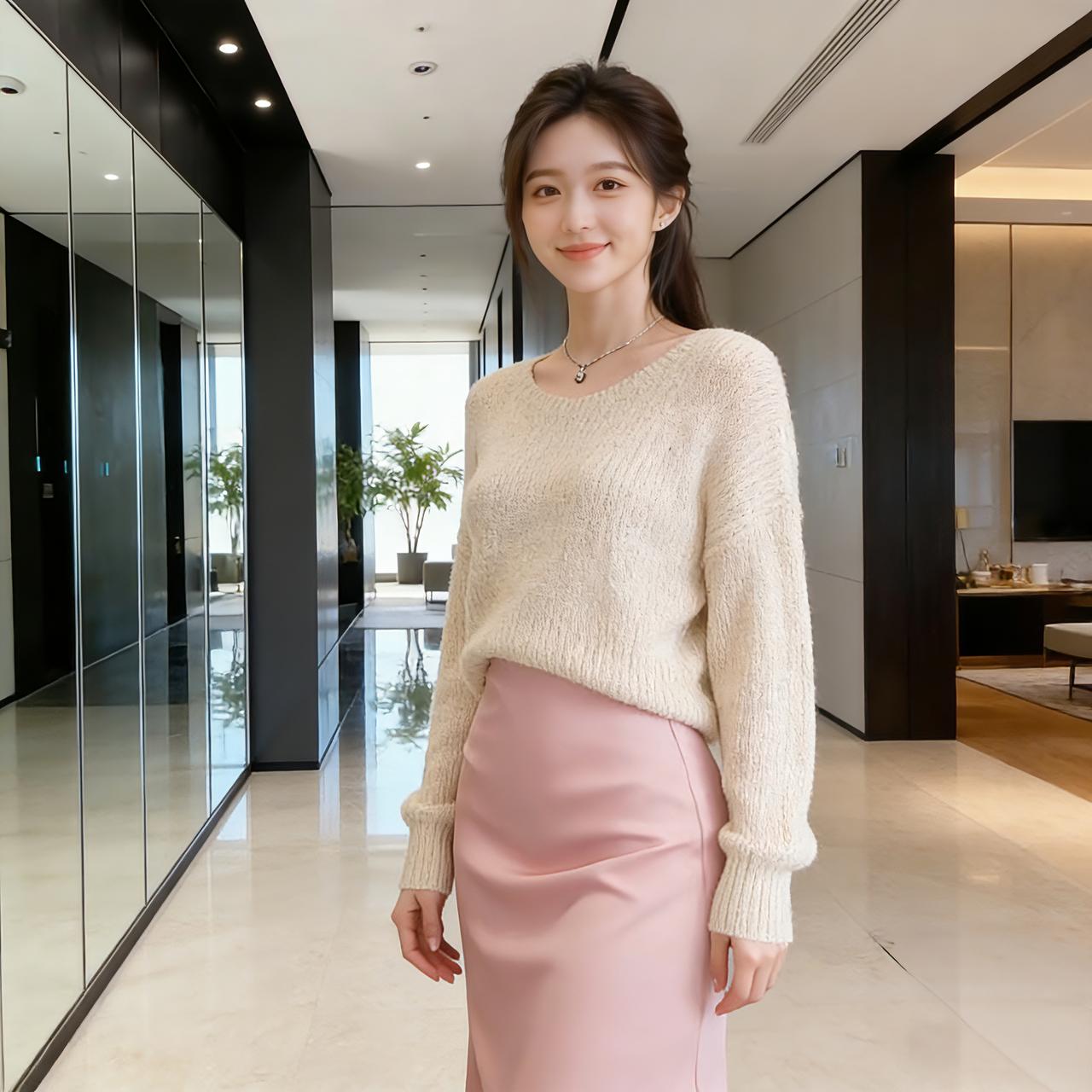 她这身穿搭属于温柔松弛的日常风~
浅杏色针织毛衣，宽松的版型自带慵懒感，细腻的纹