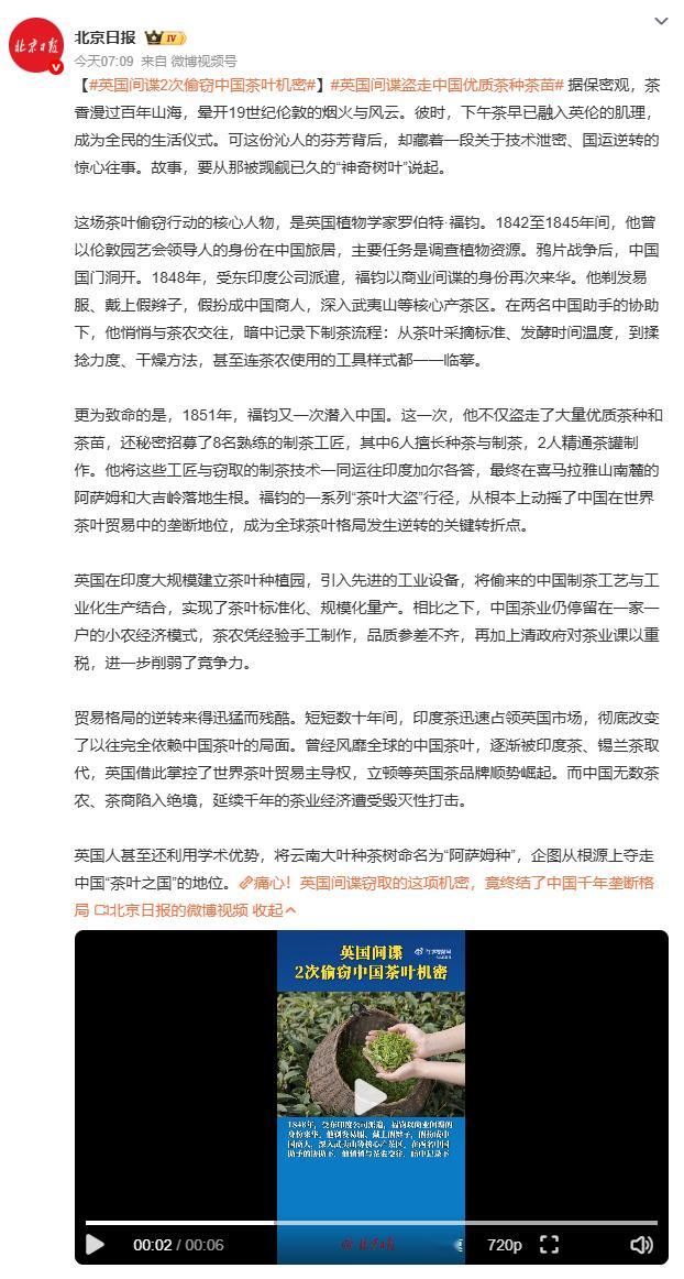 英国间谍2次偷窃中国茶叶机密最讽刺的细节：英国人甚至将云南大叶种茶树重新命名为“