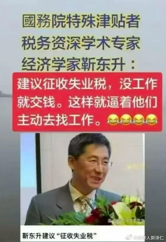 税收专家靳东升曾公开表示，建议对不工作的人征收“失业税”，以此促使人们主动找工作