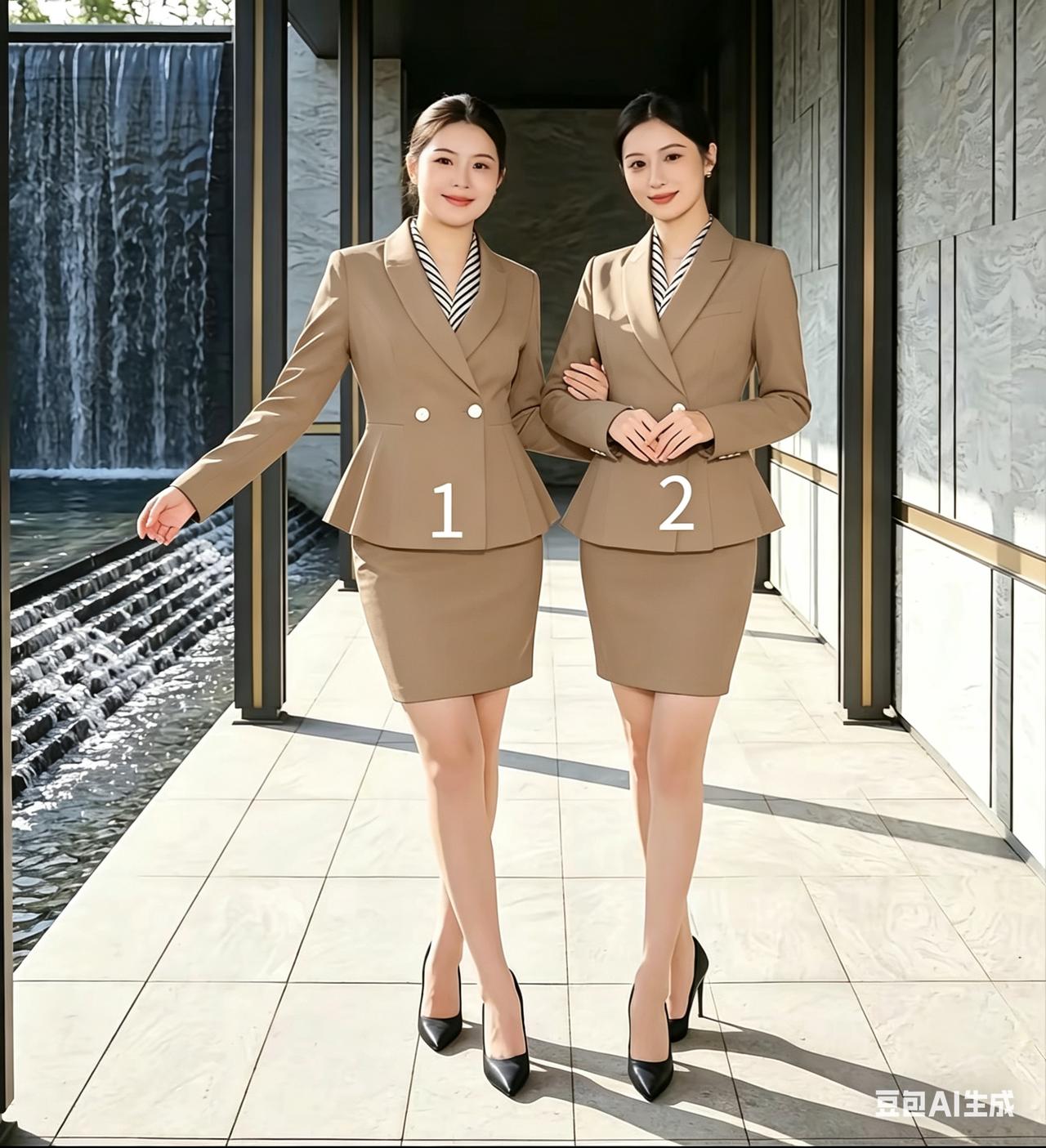 哪一位是姐姐呢？
姐妹俩身着同款西装套裙，身姿高挑，颜值极高。她们一个是姐姐，一