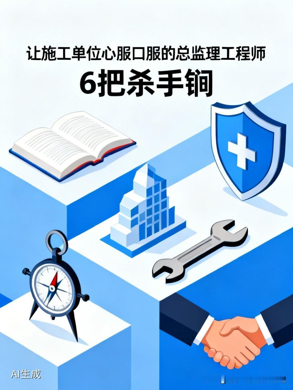 让施工单位心服口服的总监理工程师，一般都配备的6把杀手锏：
1、法律法规、规范标