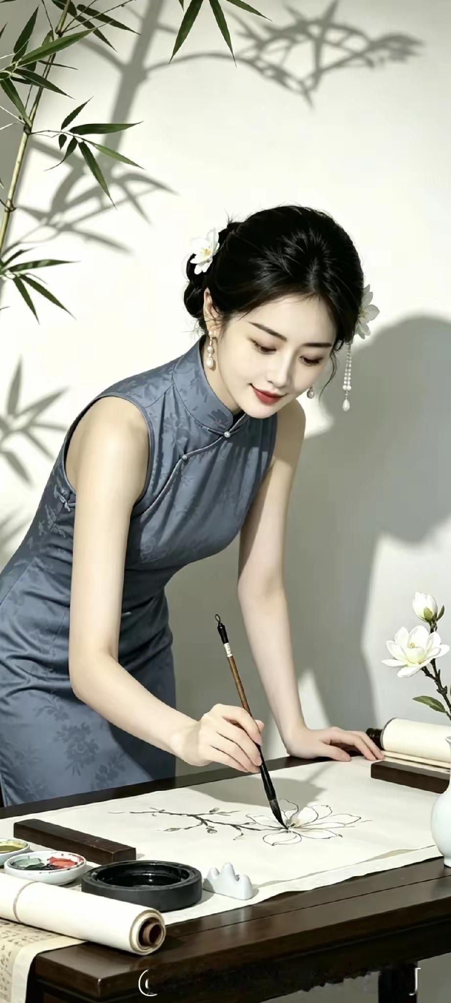 美女正在认真画国画呢。