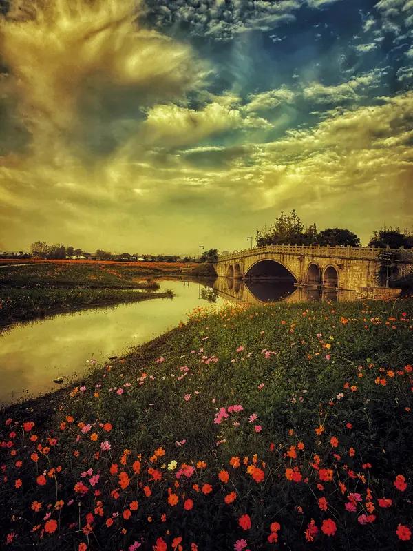 这上联“漫步古桥花海，秋意浓”，画面感直接拉满，仿佛能看到一个人在秋天漫步于古桥