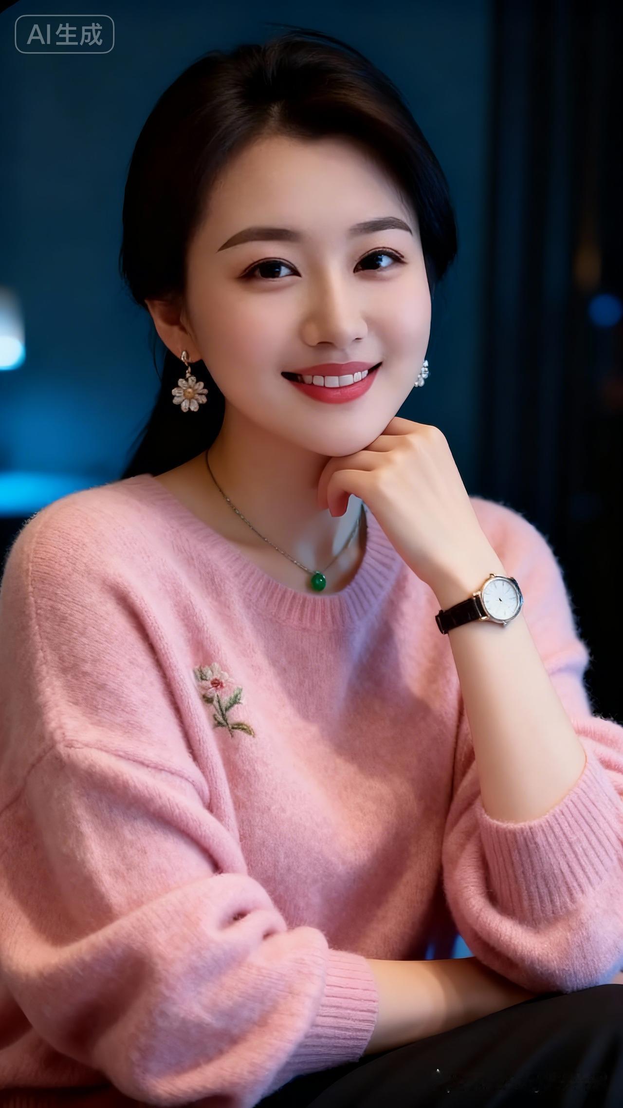 绝色佳人着粉色羊绒绣花宽松套头衫，手托下巴浅笑，戴花朵耳环、绿项链与手表，半身坐