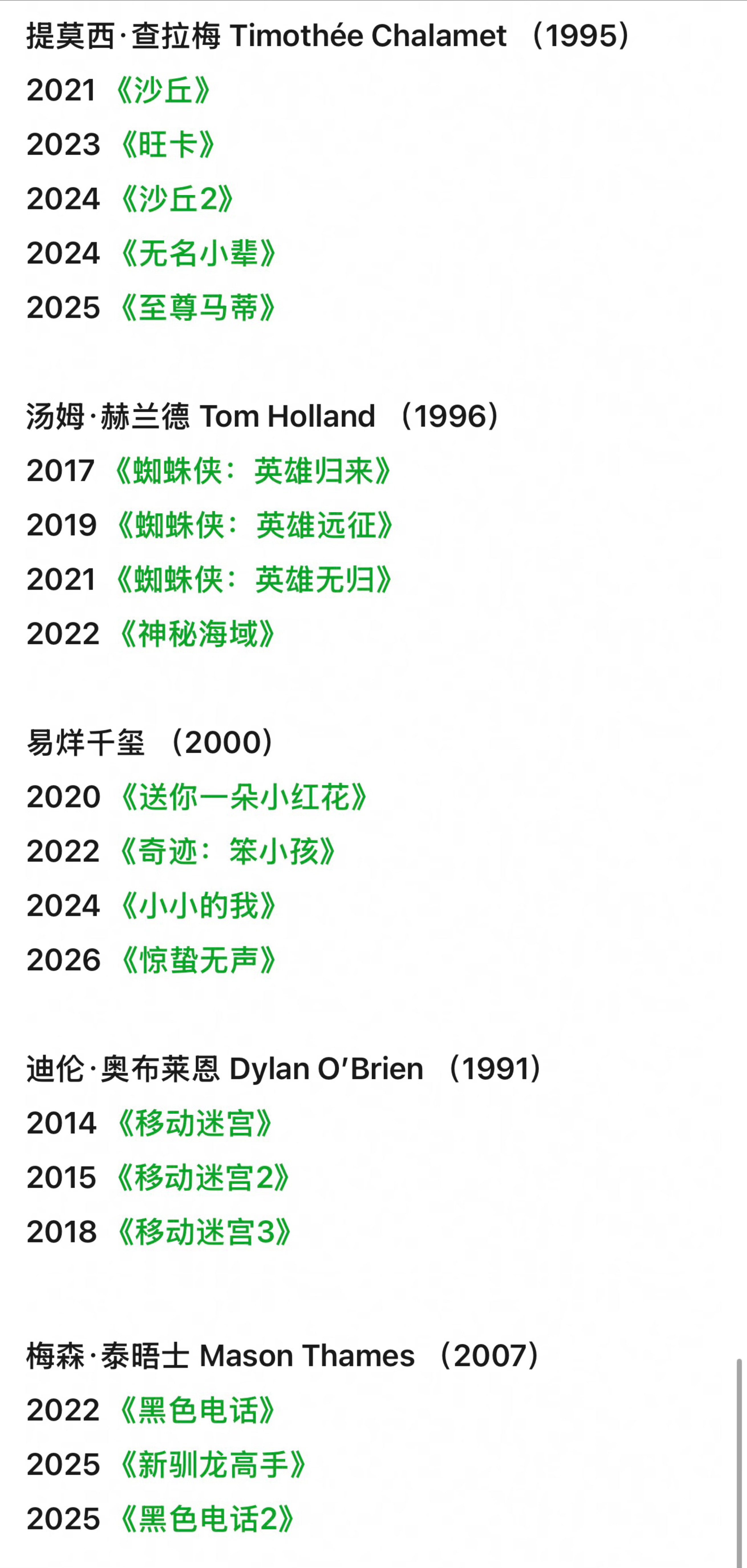 易烊千玺透露自己的目标全球90后男演员一番票房破1亿美金的top5，易烊千玺唯一