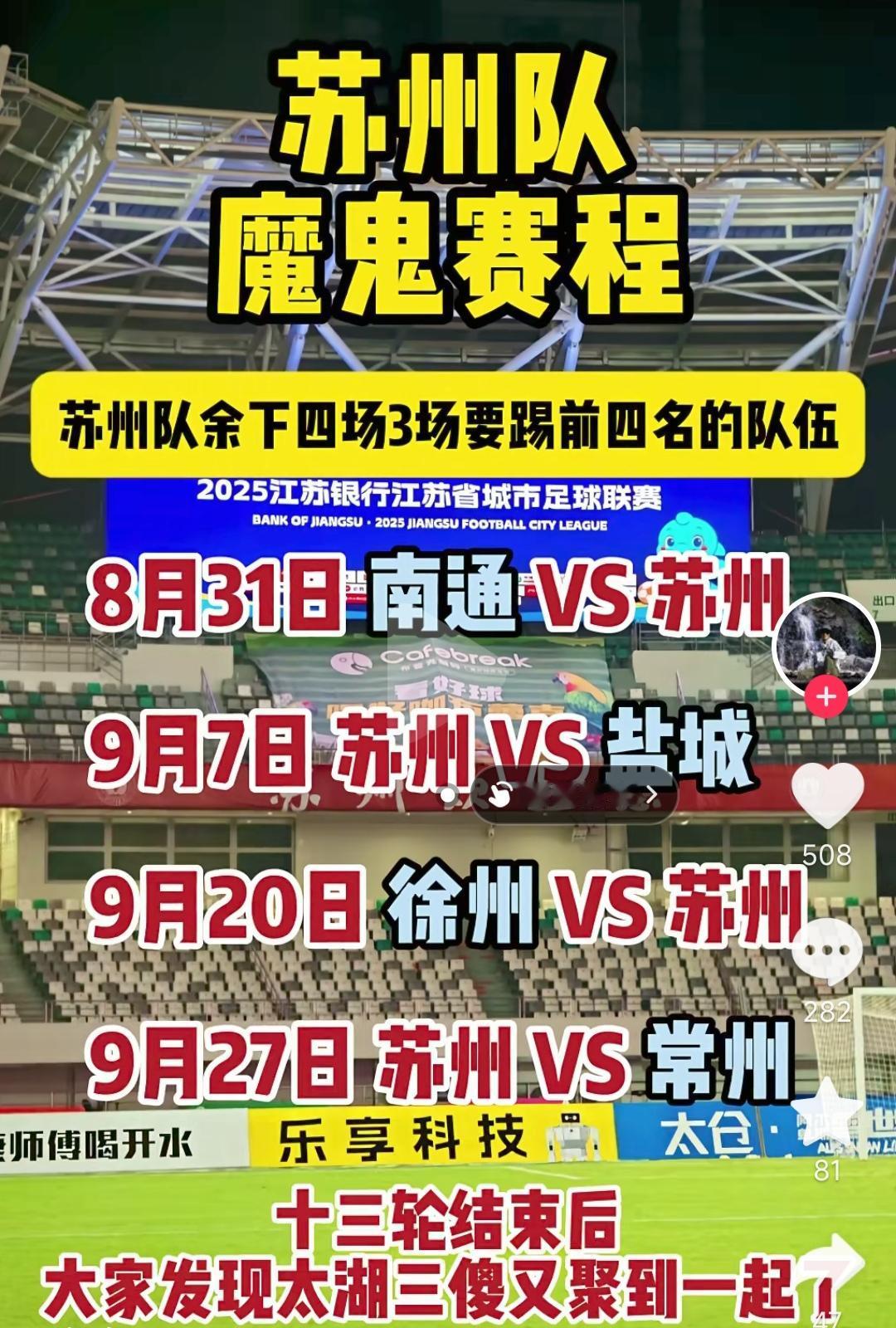 苏州是苏超第八名，最后四轮比赛联赛前三都来了，都输了最后一轮踢常州有何意义？
