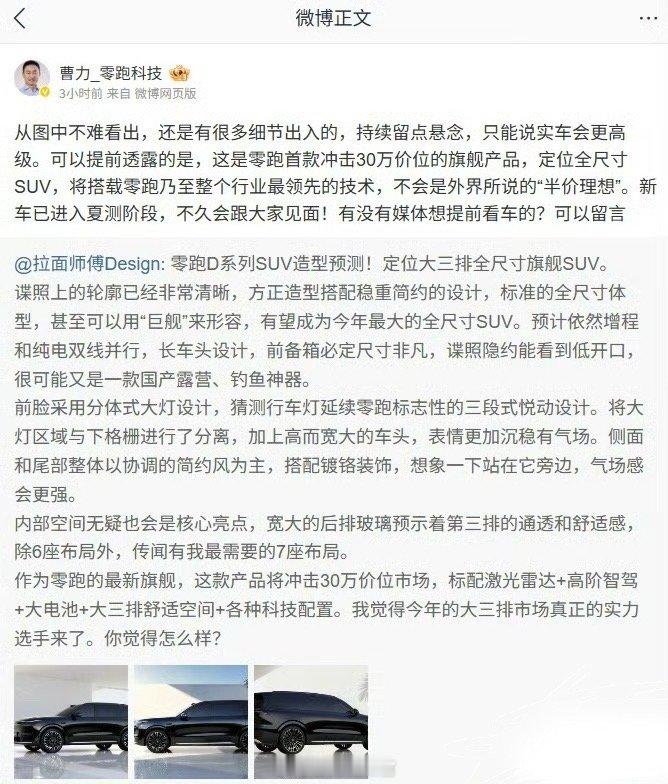 零跑科技高级副总裁曹力透露：-零跑 D 系列 SUV 新车是零跑首款冲击 30 
