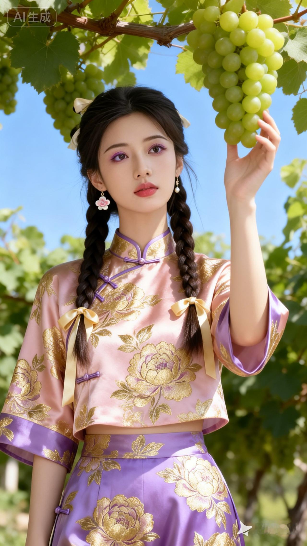 葡萄采摘少女，复古旗袍，清新自然