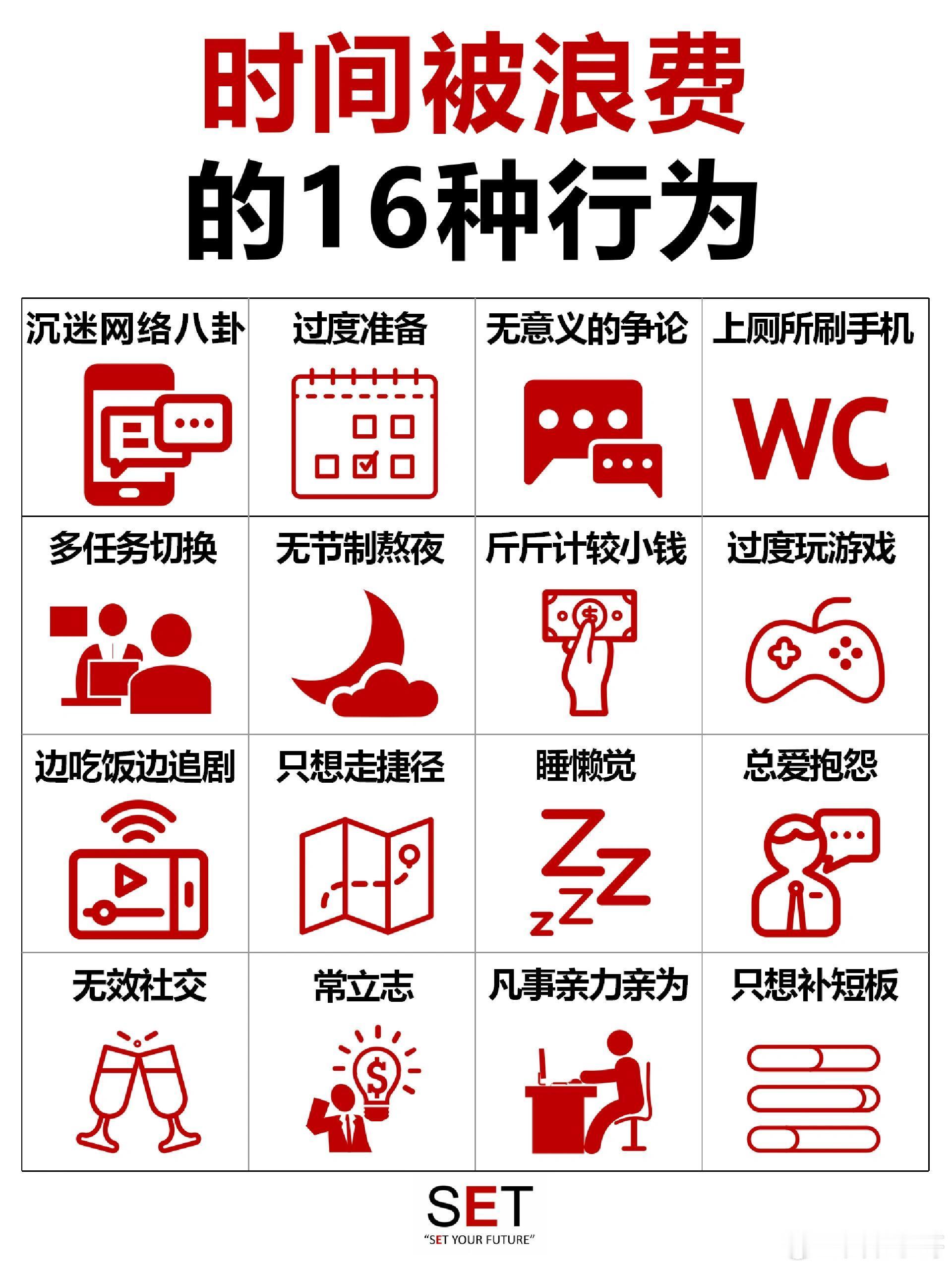无意义的社交才是真的浪费时间时间被浪费的十六种行为：1、沉迷网络八卦2、过度准备