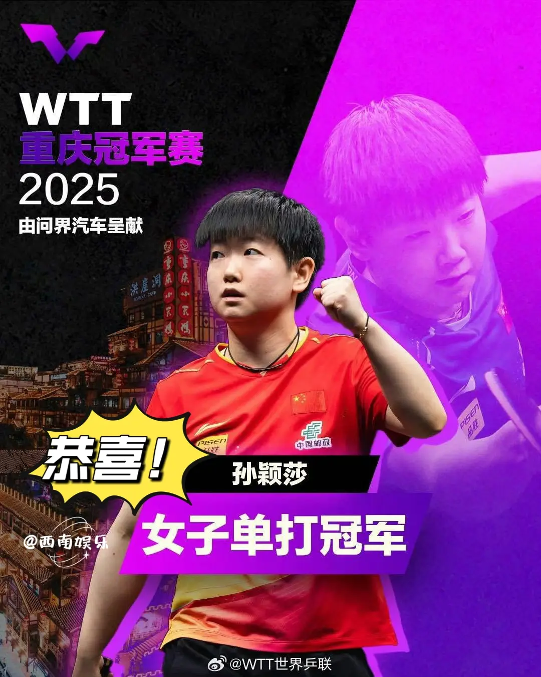 WTT重庆冠军赛女单决赛，孙颖莎 4-0战胜陈幸同 ，成功卫冕WTT重...