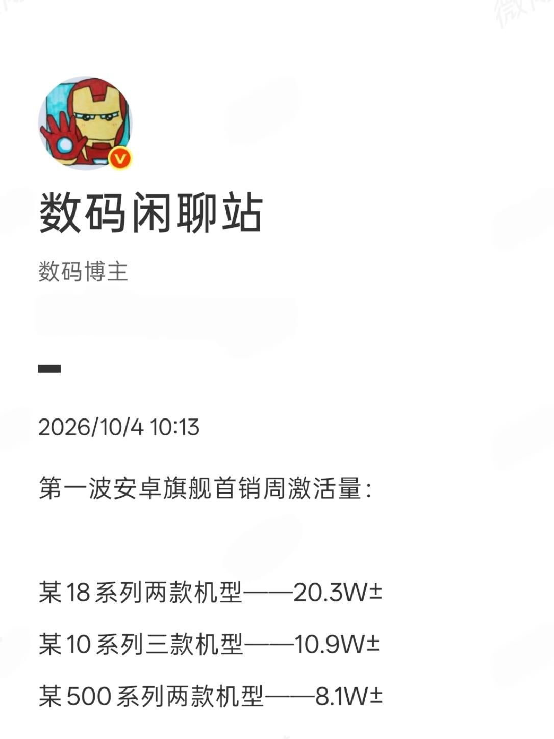 瞅了眼今年安卓旗舰首销周激活成绩，讲真挺符合预期的，最高的是突破了20...