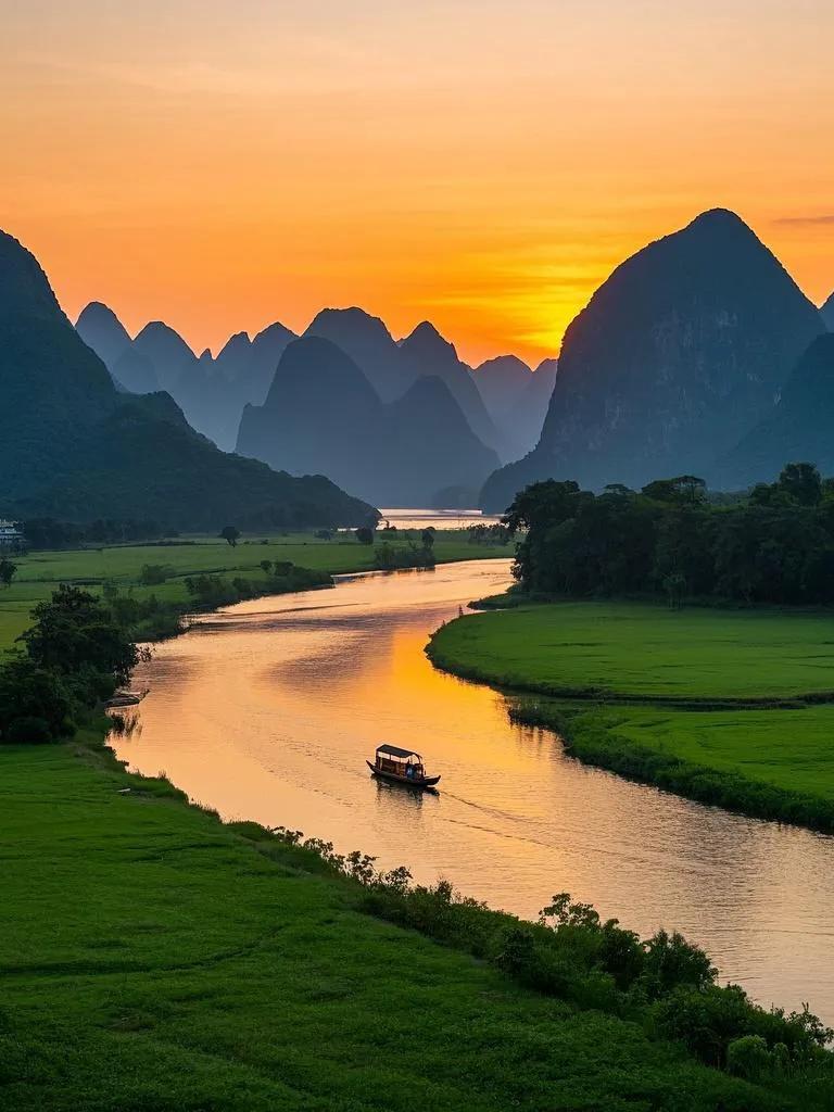 桂林之畔漓江夕，峰峦醉卧金纱披。船行画卷诗章赋，草木随风舞丽姿。漓江风倒碧波盈 