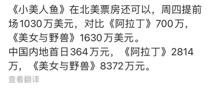 传下去，迪士尼的小美人鱼是专门为了北美拍的

全球票房，只有北美最高！   