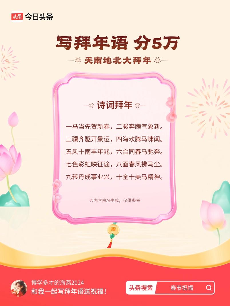 三骥齐驱开景运，四海欢腾马啸闻。 五风十雨丰年兆，六合同春马驰奔。 七色彩虹映征