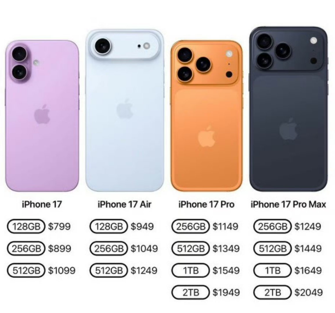 iPhone17全系价格曝光这次iPhone价格和上代不会有太多差别依旧是iPh