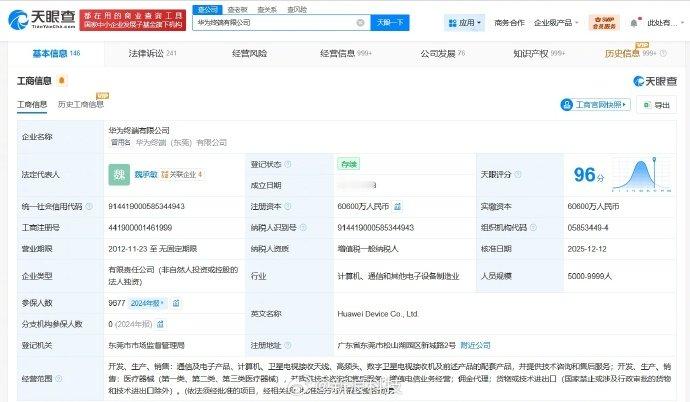 【】近日，华为终端有限公司进行了工商变更。天眼查工商信息显示，该公司董事长一职发