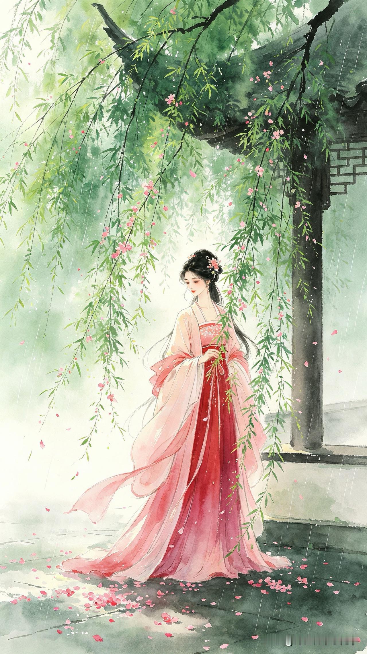 暮雨霏微送晚春，
落英点点委芳尘。
晓来风动千条柳，
      
…………请师