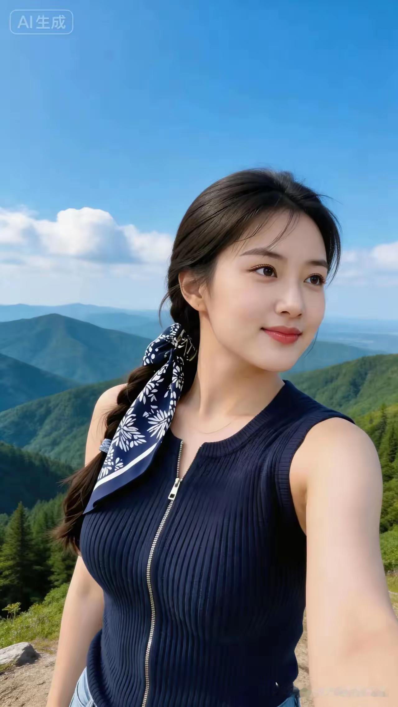 山间少女，蓝天白云，清新自然，元气满满！🌿🌞