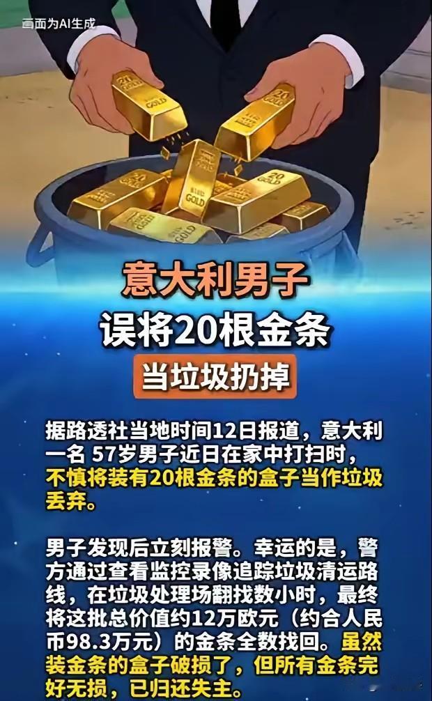 意大利的这个男子心太大了，在打扫卫生时，居然把20根金条当垃圾给扔掉了，总价值折
