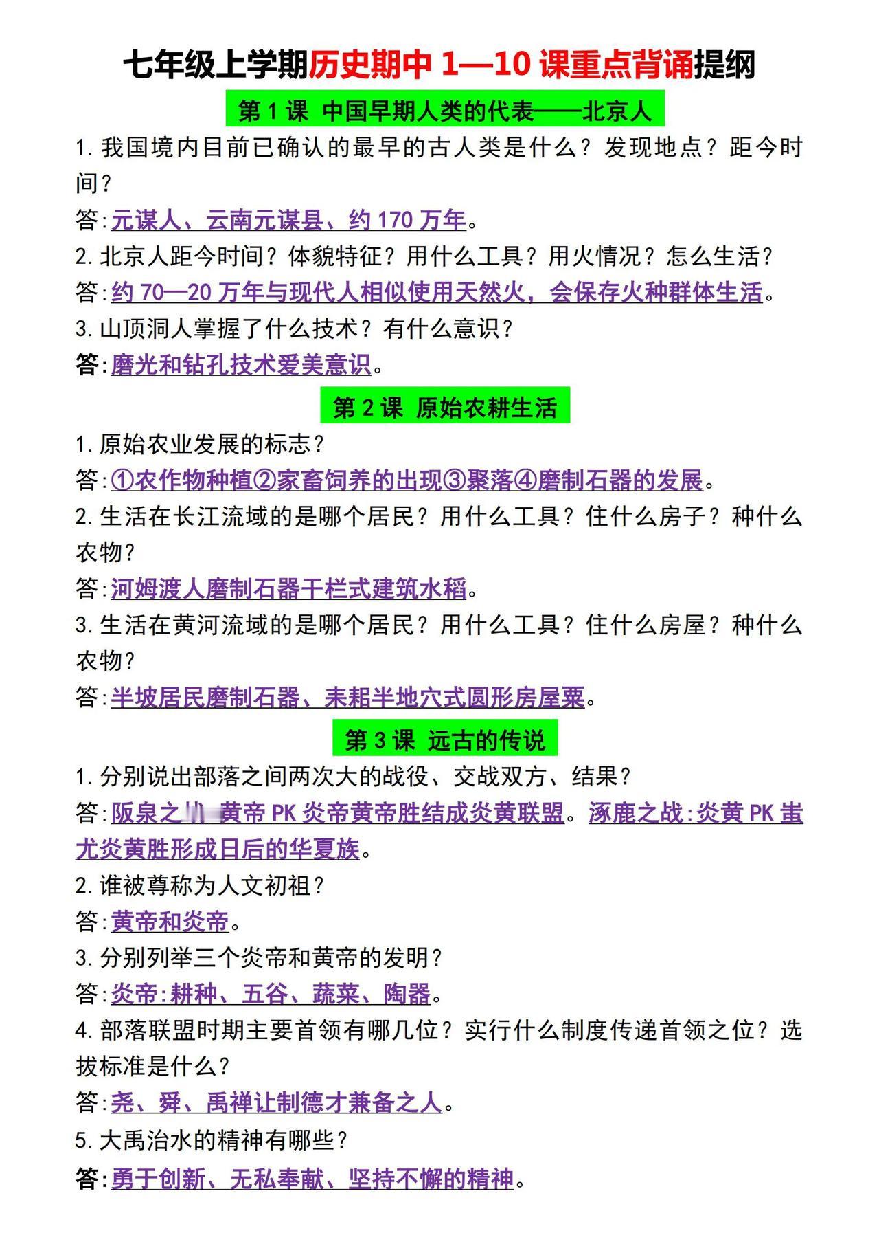 七年级上学期历史期中1-10课重点背诵提纲