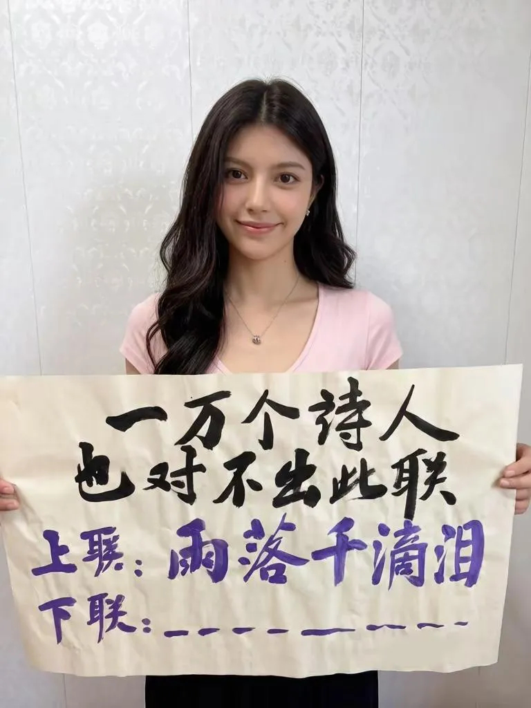 一万个诗人也对不出来，上联：雨落千滴泪，下联：请赐教！见字如面 对联 手写文字 