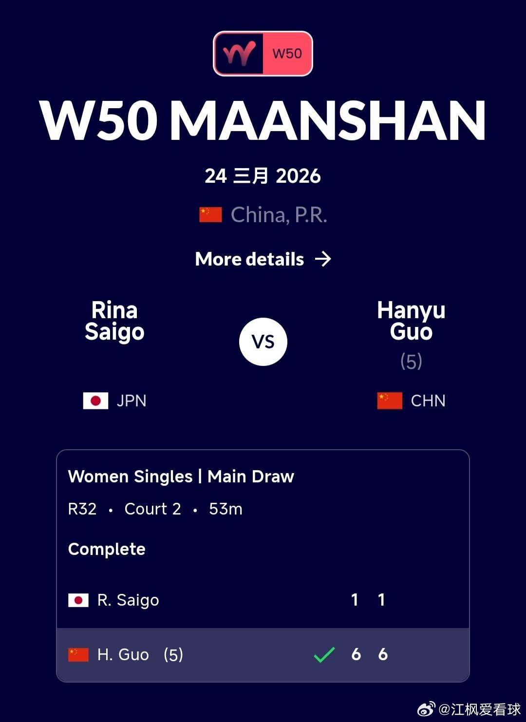 W50马鞍山站🇨🇳女单第1轮5号种子郭涵煜🇨🇳6-1/6-1轻取西乡里奈