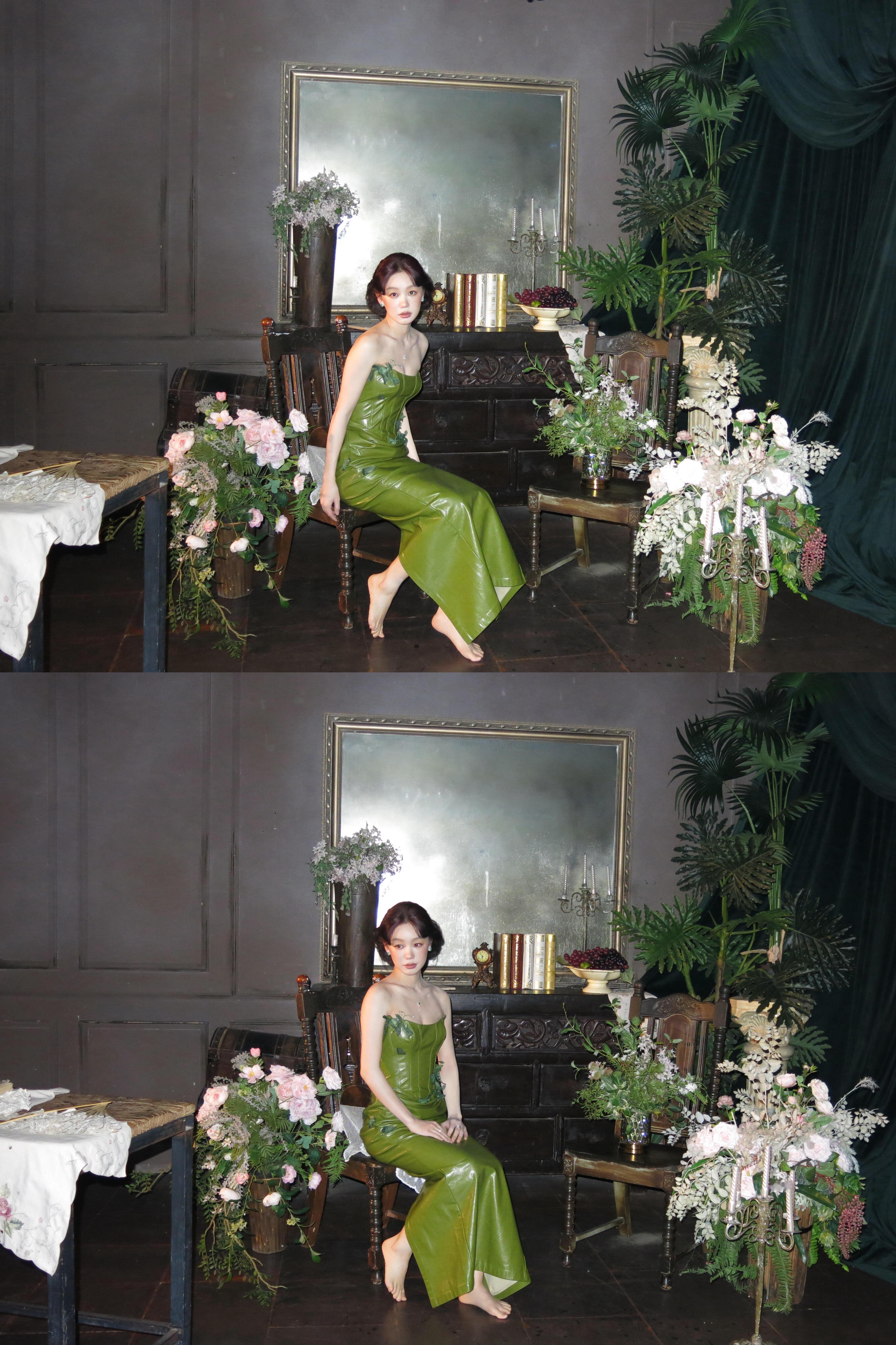 徐梦洁 民国大小姐一袭复古碧绿长裙，清冷、高级、克制，她像月光一样干净、柔和却有