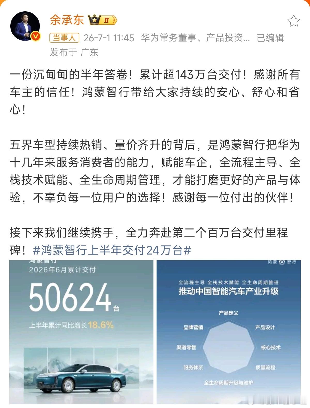 余承东称全力奔赴第二个百万交付新能源汽车 鸿蒙智行剑指第二个百万交付了
