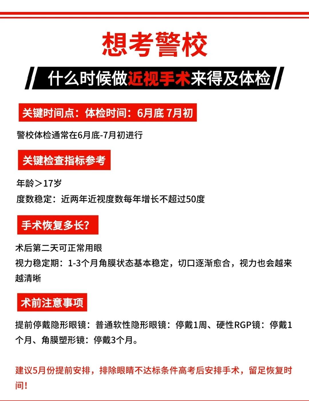 关于报考警校❓近视手术什么时候做合适
🎯想考警校✅
👓想做近视手术❓什么时候
