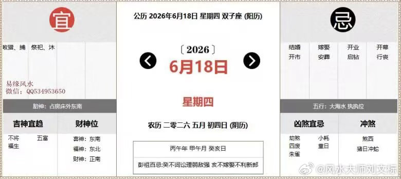 每日通胜：2026年6月18日黄历公历：2026年6月18日 星期四农历：二零二