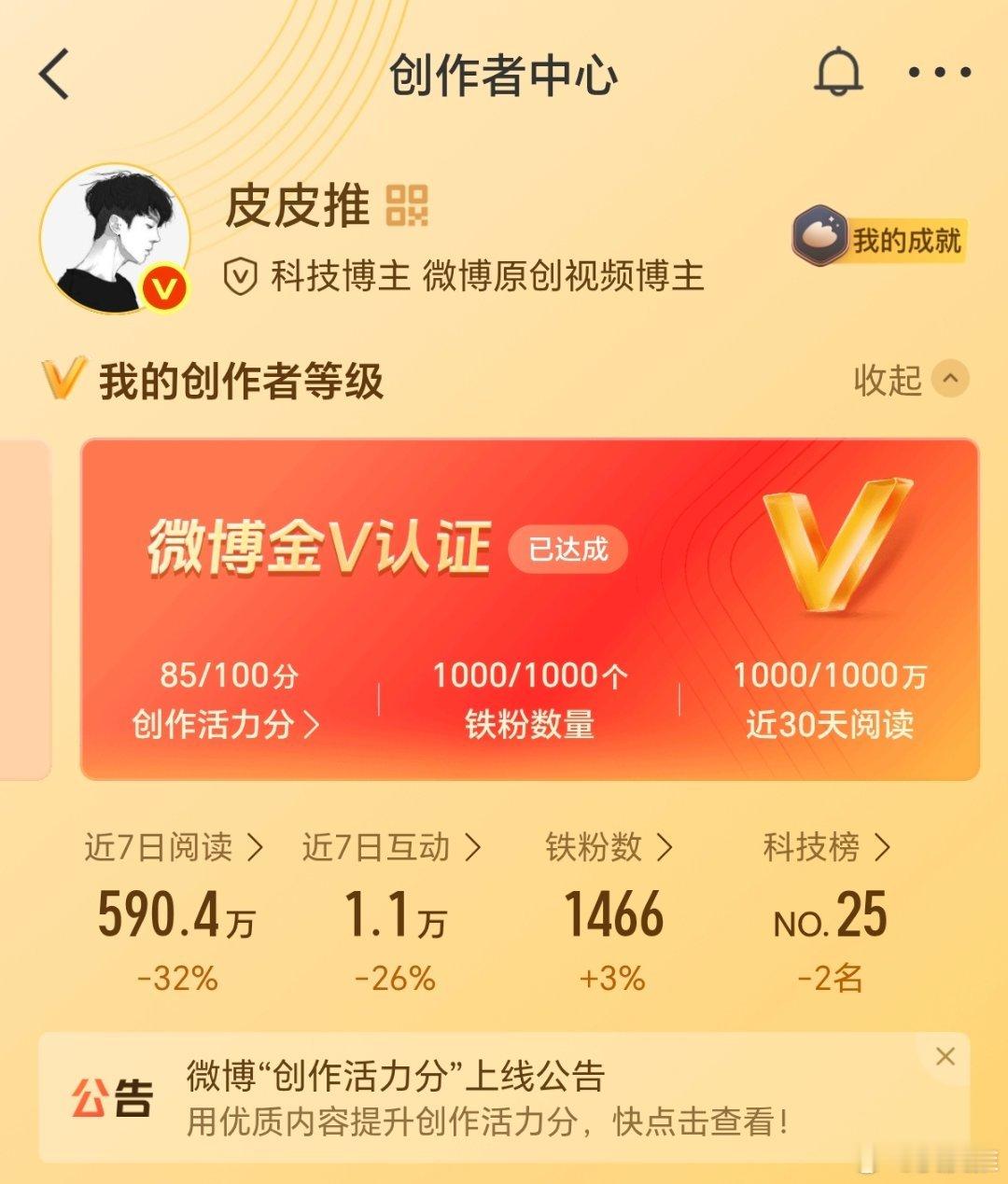 最近铁粉数回到1466啦，创作活力分升到85分了，感谢铁子们支持，明天给大家定时