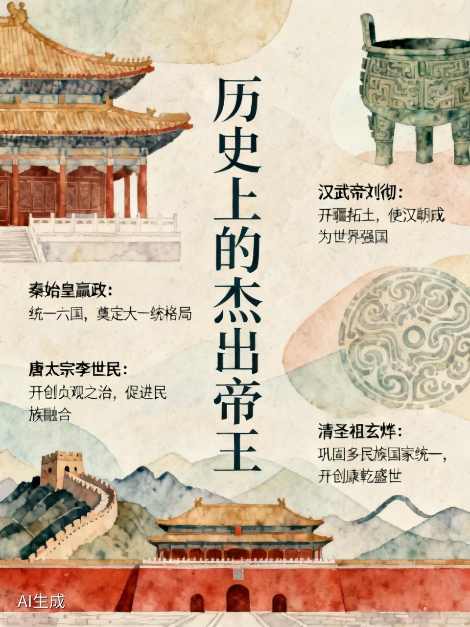 历史上有哪些杰出帝王? 历史上杰出帝王不少。秦始皇嬴政堪称千古一帝，统一六国，建