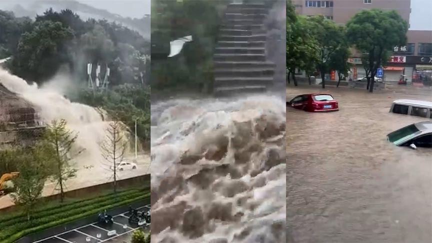 【受台风影响，福州多地遭暴雨袭击：水从山上倾泻至道路车辆被淹】受台风“泰利”外围