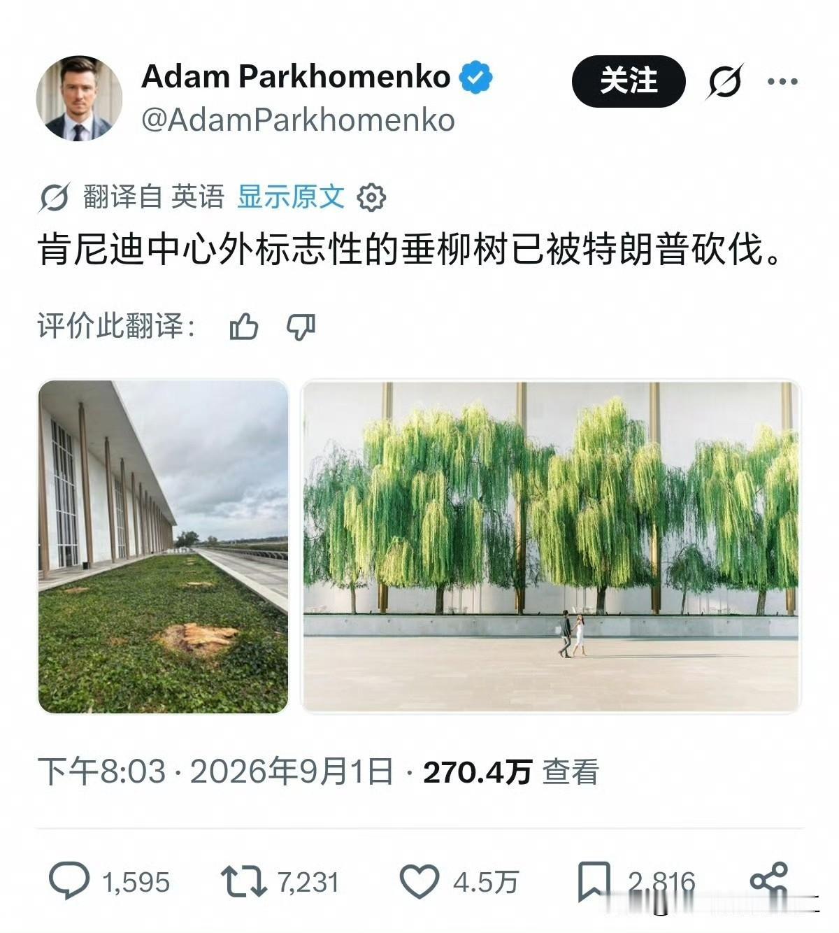 美国媒体报道，总统将肯尼迪中心的柳树移除，这些柳树是为了纪念肯尼迪被刺杀而种下的