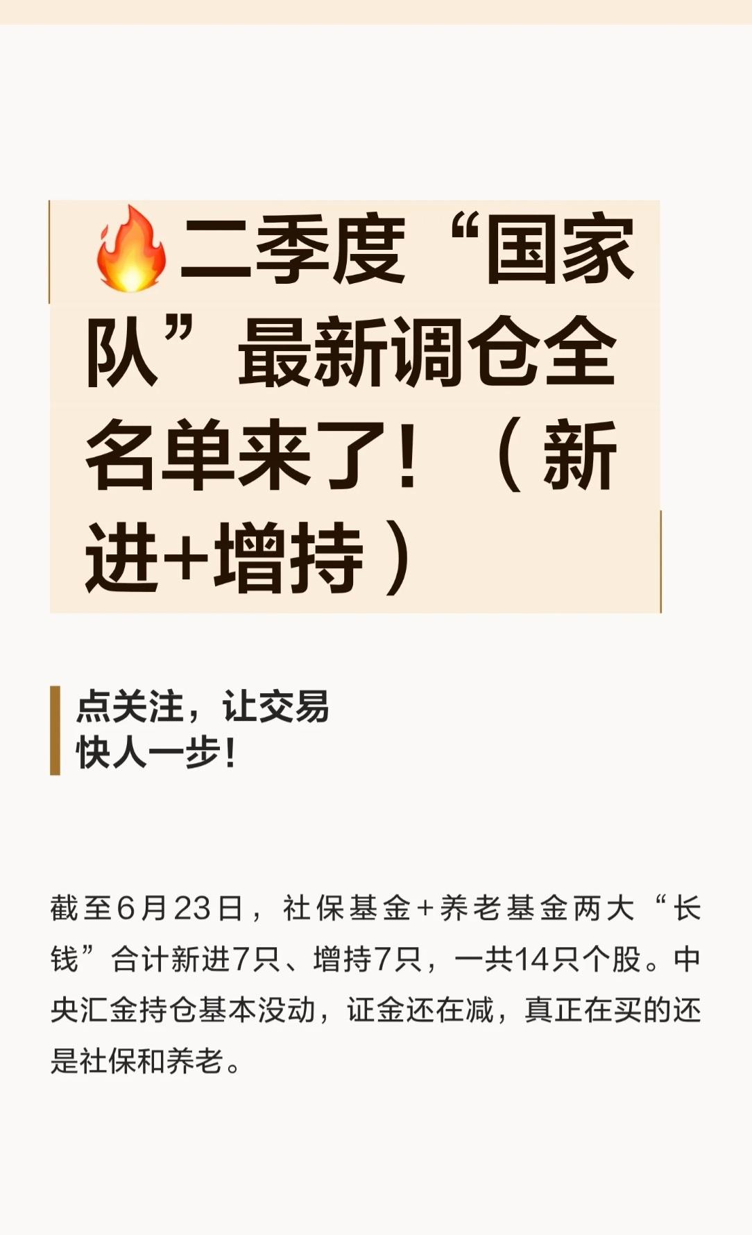 🔥二季度“国家队”最新调仓全名单揭晓！（新进+增持）

点关注，让交易快人一步
