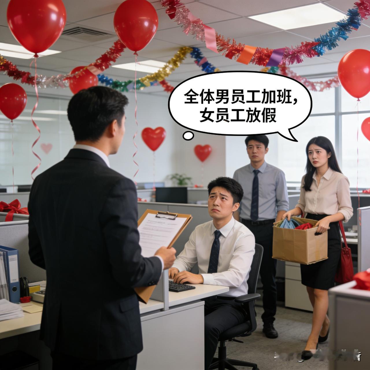 去年情人节。

经理说：全体男员工加班，女员工放假。

男员工虽然不情愿，但是没